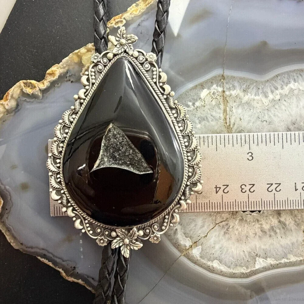 Sterling Silver Southwestern Style Teardrop Onyx Bolo Tie For Men